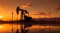 Silhouette of Crude oil pumpjack rig on desert silhouette in evening sunset, energy industrial machine for petroleum gas