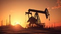 Silhouette of Crude oil pumpjack rig on desert silhouette in evening sunset, energy industrial machine for petroleum gas