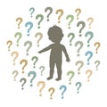Silhouette Of A Curious Child Pointing At Something And Question Marks Around