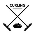 Silhouette Curling poster. Two crossed brooms, stone and text. Outline  icons of winter sport game. Black illustration for t-shirt Royalty Free Stock Photo