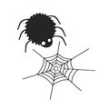 Silhouette of cute black spider and its cobweb isolated on white background. Halloween animals. Mug, sticker, stationery, kids des