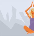 Silhouette of a cute girl doing yoga on a background of rocky mountains or a foggy city. Meditation concept, healthy Royalty Free Stock Photo