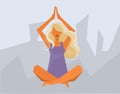 Silhouette of a cute girl doing yoga in a lotus position against the backdrop of rocky mountains or skyscrapers Royalty Free Stock Photo