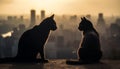 Silhouette of cute kitten watching city sunset generated by AI