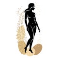 Silhouette of a cute lady and leaves of a plant. The girl is standing. The woman has a beautiful naked figure. She is