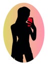 Silhouette of cute sporty girl making selfie