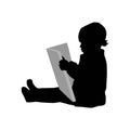 silhouette of cute toddler sitting with book, kid reading, side view, vector isolated on white background, icon