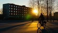 Silhouette cycling at dusk, healthy lifestyle in city traffic motion generated by AI