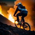 Silhouette of a cyclist on the background of a burning volcano