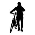 Silhouette of cyclist with bicycle isolated on white background. Man in sports uniform.