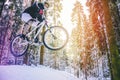 Mountain biking in snowy forest Royalty Free Stock Photo