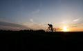 Silhouette of cyclist in motion on the background of beautiful sunset. Male ride bicycle in sun set. Silhouette of man Royalty Free Stock Photo