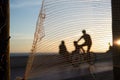 Silhouette of cyclists and people walking on the edge of a beach against sunset