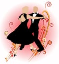 Silhouette of a dancing couple in dark suits on a decorative background of musical notes