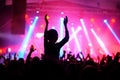 silhouette of a dancing crowd in front of a stage in pink light