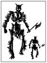 Silhouette of a dark character, zombie with sharp branches and horns in full growth without a background. Skeleton in rags.