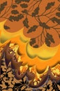 Autumn tree leaves and layered color flames in corner of page, for 3D decorative border edge background