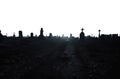 silhouette of a dark vast cemetery graveyard at night. transparent background. Tombstones vast landscape.