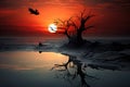 Silhouette of dead tree on the beach at sunset with birds, Sunset Bird Surreal Inspirational Nature Abstract, AI Generated Royalty Free Stock Photo