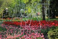 Silhouette of a decorative couple in love in a city park or garden. Metallic gentleman and lady on a background of spring tulips.