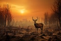 Silhouette of a deer in a foggy forest at sunset. Impact of rising temperatures on wildlife