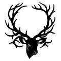 Silhouette of deer head with large horns on white.