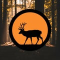 Silhouette of a deer with large antlers inside a circular frame set against an orange Royalty Free Stock Photo