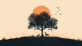 A silhouette of a deer and a small animal stand under a large tree, with a bright orange sun setting in the background Royalty Free Stock Photo