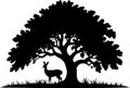 Silhouette of a Deer Under a Large Oak Tree in a Meadow Royalty Free Stock Photo