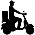 Silhouette of delivery guy riding a scooter. Delivery man with a package Royalty Free Stock Photo