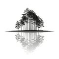 Silhouette of a dense cluster of pine trees (genus Pinus) on a small landmass, reflected in calm Royalty Free Stock Photo