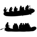 Silhouette descent on a river water rafters on a white background