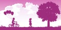 Silhouette design of boy ride bicycle and hold balloon to give to the girl