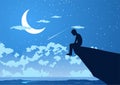 Silhouette design of lonely young man on silent night at the peak of cliff