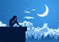 Silhouette design of lonely young man on silent night at the top of building