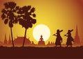 Silhouette design of monk hiking walk to discover the peace and truth