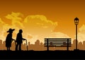 Silhouette design of two old couple walk in the pak