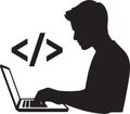 Silhouette of developer with laptop and html code sign working on a computer Royalty Free Stock Photo