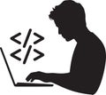 Silhouette of Developer Working on Laptop with Code Symbols on Transparent Background Royalty Free Stock Photo
