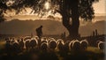 A silhouette of a dog herding a group of sheep