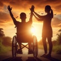 silhouette of disabled handicapped young man in wheelchair raised hands with his care helper in sunset