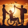 silhouette of disabled handicapped young man in wheelchair raised hands with his care helper in sunset