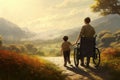 Silhouette of disabled man and his son walking in the field, A mother with an incapacitated boy in a wheelchair walking in nature