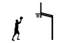 Silhouette of a disabled man with a leg prosthesis intends to throw the ball into the basket