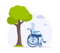 Silhouette of disabled man sitting in wheelchair under green tree