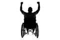 Silhouette of a disabled man in a wheelchair raised his hands. The concept of disability and illness, happiness, joy, success