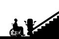 Silhouette Disabled in wheelchair intends to climb elevator for disabled.