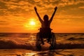 silhouette disabled woman in wheelchair at sea.