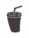 Silhouette of disposable paper cup with soda and straw. Vector illustration. Cartoon glass with carbonated cold drink.