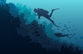 Silhouette of diver, coral reef and underwater